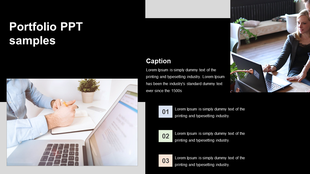 Portfolio slide with a black and white background, featuring a woman working on a laptop with code on the screen. 