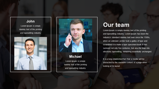 Team PowerPoint slide featuring professional portraits of two individuals with placeholder text for descriptions.
