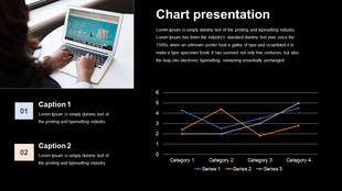 Chart presentation PowerPoint slide featuring a laptop screen and a line graph with categories and series.