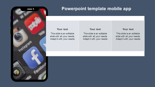 Mobile app themed slide with a smartphone displaying social media icons, alongside three gray text boxes. 
