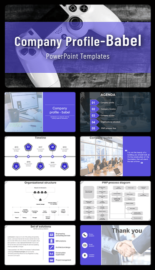 Company profile PowerPoint featuring a modern layout with agenda, timeline, quotes, and organizational structure slides.