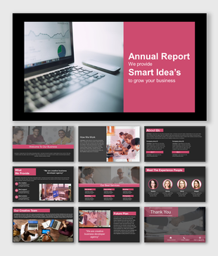 Annual report slide deck with dark theme and pink accents, featuring business content, photos, and charts.