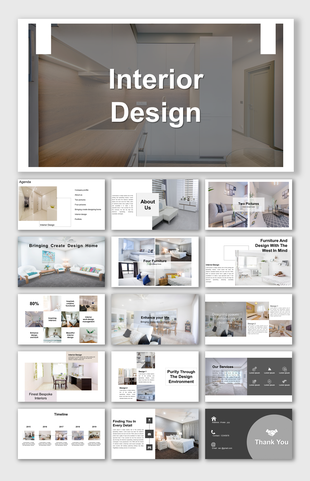Elegant interior design slide deck with home aesthetics, showcasing room designs, service offerings, and project insights.