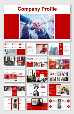 Pack of slides in red and white layout with images and text for a company profile, featuring overview, team, and services.