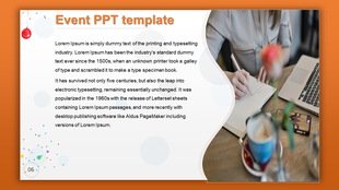 Orange bordered slide with white background, featuring text blocks and a photo of a hand writing on a paper.