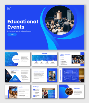 Event PPT Template featuring blue gradients, event audience photos, infographics, shapes, and editable text sections.