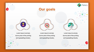 Goals slide with outlined icons symbolizing success, target achievement, and milestones, set against an orange layout.