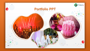 Slide with three irregularly shaped frames showing a concert, a banquet setting, and a pink cake, on a festive design.