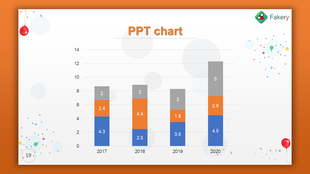 Bar chart from 2017 to 2020 with blue, orange, gray segments and decorative balloons and confetti, framed by orange border.