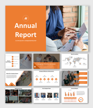 Annual report template with an orange theme, featuring financial data, milestones, team profiles, and company history.