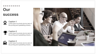 Success slide with three captions and icons on left, and an image of team working with laptops.