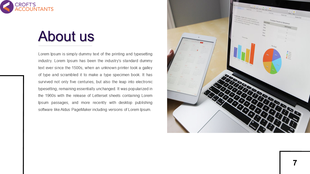 PowerPoint slide with the title about us showing a person using a tablet and a laptop to display a calendar and pie chart.
