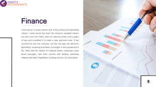 Financial presentation slide with a left text section and a right-side image of a hand pointing at a financial report.