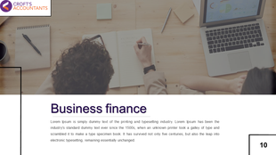 Business finance slide with a person working on financial planning, including a laptop displaying graphs and a notebook.