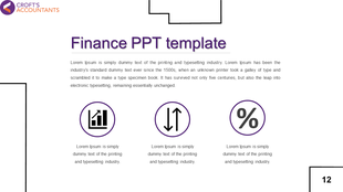 Finance slide with three circular icons representing a bar chart, up-down arrows, and a percentage symbol.