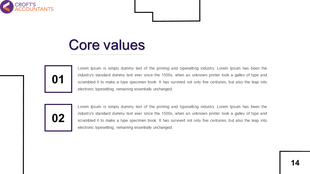 Professional slide showcasing core values with two numbered sections and placeholder text about the printing industry.