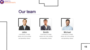 Team slide with three individuals, John, Smith, and Michael, with placeholder text for descriptions.