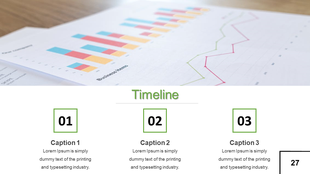 Timeline PowerPoint template with bar and line charts, and captions for each placeholder text.