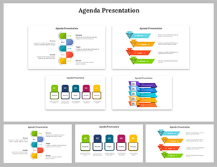 Agenda slide deck featuring colorful and dynamic diagrams like flowcharts, arrows, and funnel designs.