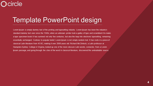 PowerPoint template design with a red background, featuring a large title and placeholder text.