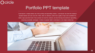 Portfolio slide with a red background, showcasing a close up of a laptop and a hand writing using a pencil.