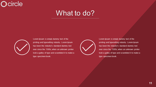 Business presentation slide featuring a bold title, two circular checkmark icons, and two content blocks on a red background.