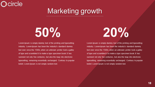 Marketing growth slide with a red background, bold 50% and 20% figures, and descriptive text below each percentage.