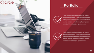Portfolio slide design with two checkmarks and text descriptions on a red and white background with a laptop image.