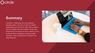 Summary PPT slide featuring a person using a blue laptop and a Microsoft cup on a table with placeholder text.