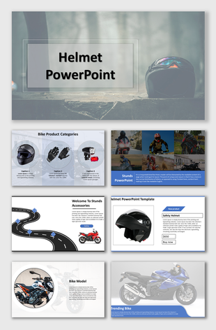 PowerPoint slides showcasing helmet and bike product categories with various product images and descriptions.