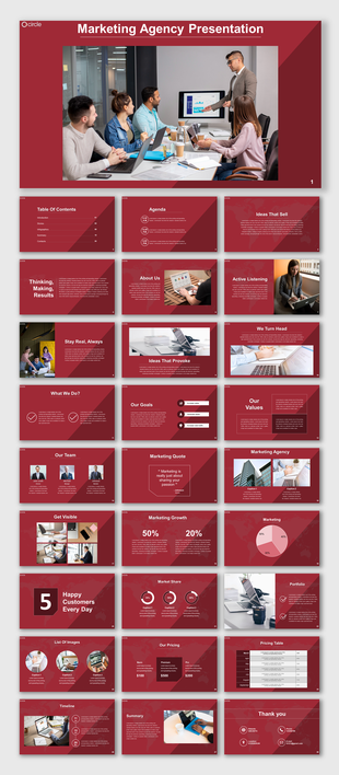 A comprehensive marketing agency PowerPoint featuring slides for team, goals, growth, pricing, and market analysis.