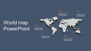 3D world map with five labeled percentage in yellow, orange, blue, and white, connected to text areas, on a dark background.