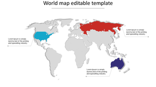 World map with colored regions in blue, red, and purple, along with text descriptions pointing to each area.