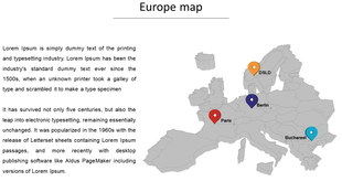 Europe map slide with labeled pins marking cities like Paris, Berlin, DSLD, and Bucharest, accompanied by descriptive text.