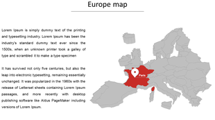 Gray Europe map with a red highlighted France, marking Paris with a location pin and placeholder text on the left.