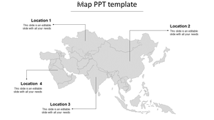 Asia map template with four labeled locations connected by dotted lines to text placeholders.