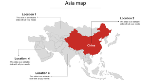 Asia map with China highlighted in red and four labeled placeholder locations marked with dotted lines.