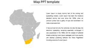 Gray Africa map with South Africa highlighted in yellow, accompanied by placeholder text on the right side.