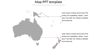 Map slide featuring Australia and New Zealand with colored lines pointing to two separate text sections.