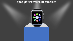 Smartwatch on a blue pedestal under three spotlights, displaying colorful app icons on a dark background.