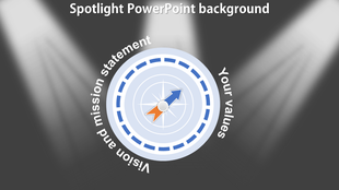 Business concept slide with a compass, directional arrows, and spotlight effects emphasizing vision, mission, and values.