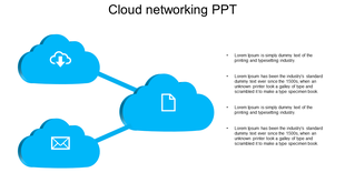 PowerPoint template for cloud networking with icons representing download, file storage, and email communication.
