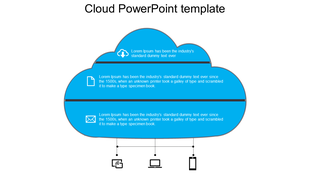 Cloud themed PowerPoint template with three text sections inside a blue cloud, each featuring icons.