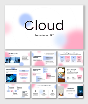 Cloud slides with clean white layout, soft gradient blobs, service blocks, charts, icons, shapes, and clear text layouts.