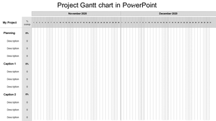 Project Gantt chart PPT slide showing project tasks, progress percentages, and timelines for November and December 2020.