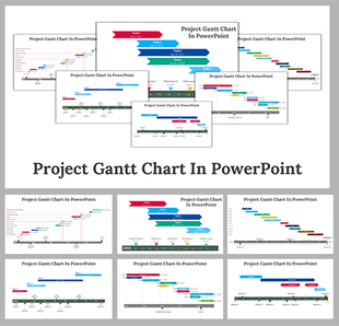 Slide deck showcasing gantt charts with colorful bars and timelines, arranged in multiple layouts and designs.