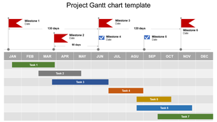 Project Gantt chart template showing milestones and tasks with color coded bars across months.
