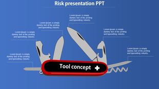 Risk PowerPoint template featuring a Swiss army knife with various tools, labeled with dummy text against a blue background.