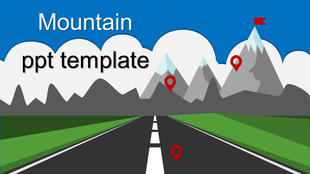 Mountain-themed slide with a road leading to peaks, location markers, and a red flag on one summit.