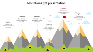 Mountain-themed slide with six labeled peaks, each with a flag and caption above, showing an infographic style.